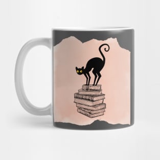 Spooky Cat on Books Pile Mug